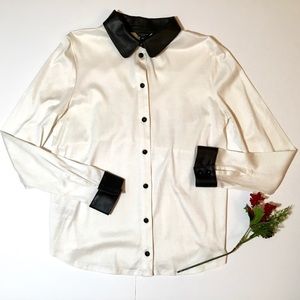 Ann Taylor knit blouse w/ faux leather collar/cuff